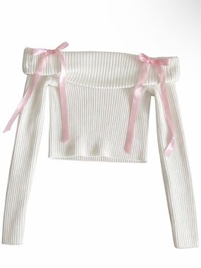 Off-Shoulder Ribbed Crop Top with Pink Ribbon Ties